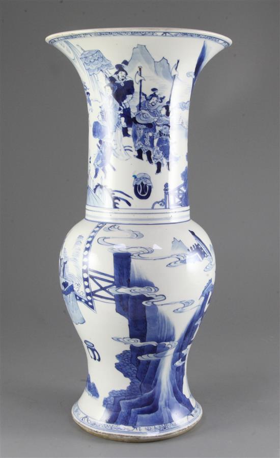 A large Chinese blue and white yen-yen vase, Kangxi period, 44.5cm, upper neck and rim broken and glued